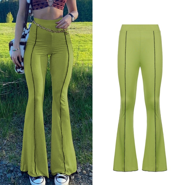 Solid Low Waist Women's Ribbed Flare Pants