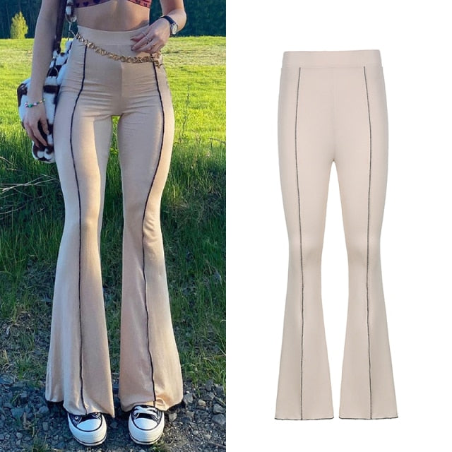 Solid Low Waist Women's Ribbed Flare Pants