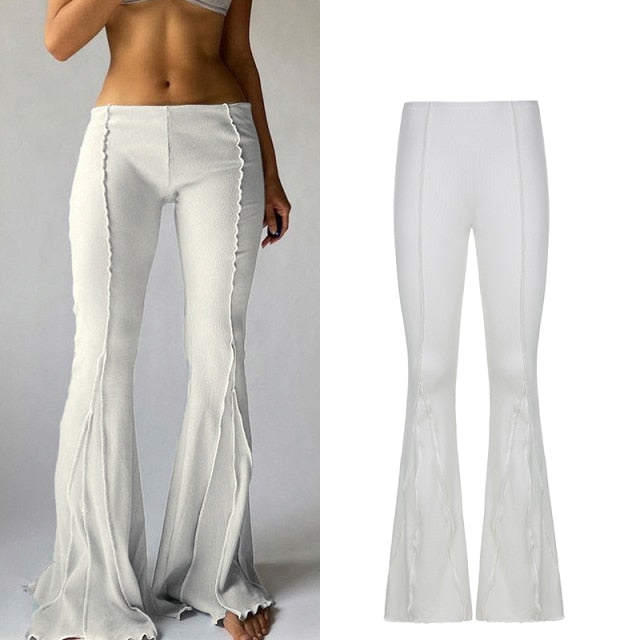 Solid Low Waist Women's Ribbed Flare Pants