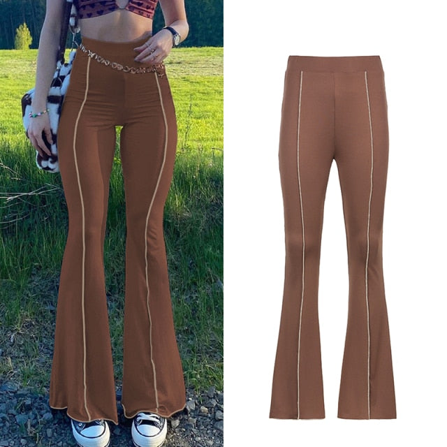 Solid Low Waist Women's Ribbed Flare Pants