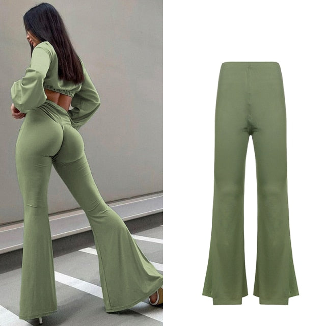 Solid Low Waist Women's Ribbed Flare Pants