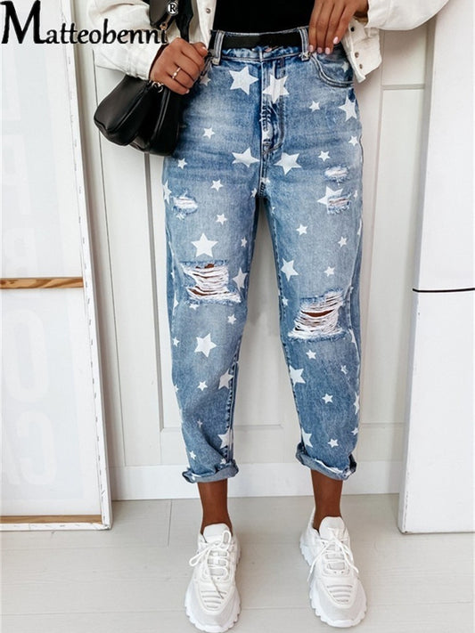 Five-Pointed Star Ripped Denim Jeans