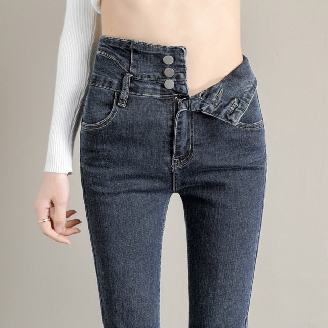 High Waist Button-up Stretch Denim