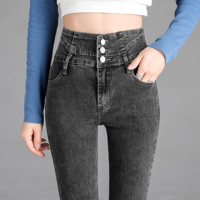 High Waist Button-up Stretch Denim