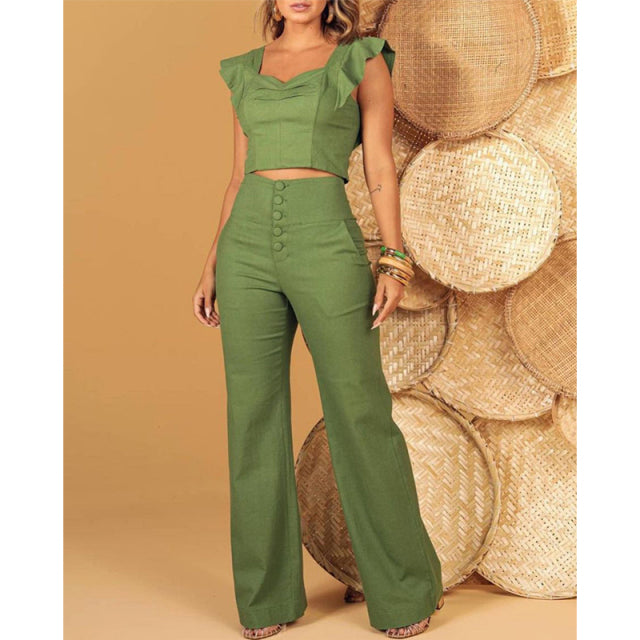 Two-Piece Top and High Waist Pants Set for Women