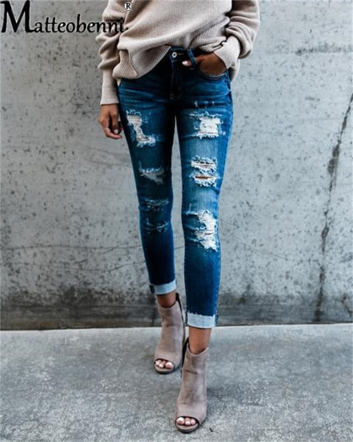 High Waist Ripped Denim Pencil Jeans