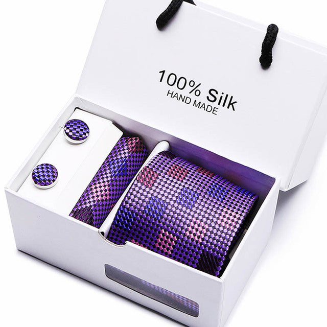 Silk Necktie Handkerchief and Cufflink Set For Men