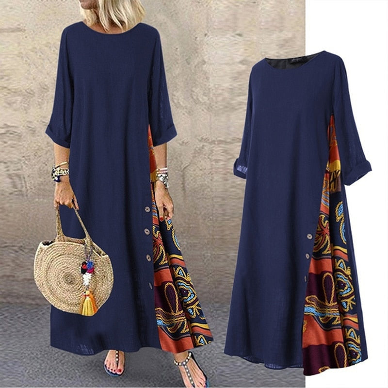 3/4 Sleeve Side Button Vintage Maxi Dress