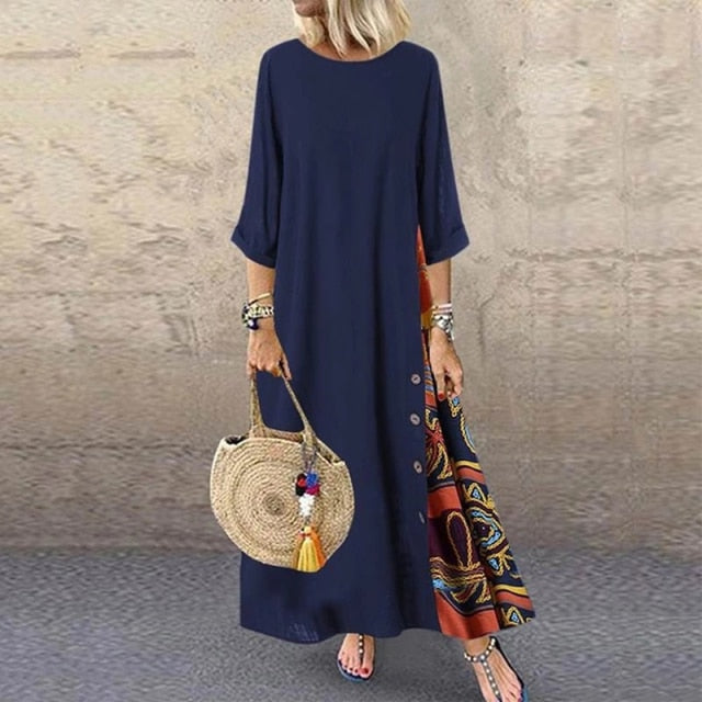 3/4 Sleeve Side Button Vintage Maxi Dress