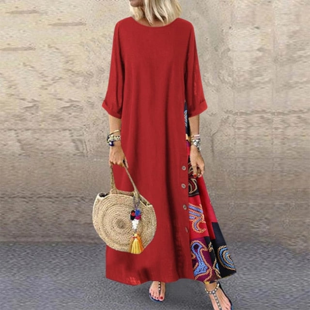 3/4 Sleeve Side Button Vintage Maxi Dress