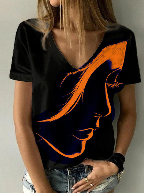 Plus Size Abstract V- Neck T Shirt