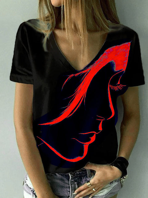 Plus Size Abstract V- Neck T Shirt