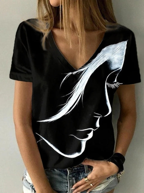 Plus Size Abstract V- Neck T Shirt