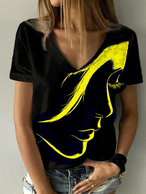 Plus Size Abstract V- Neck T Shirt