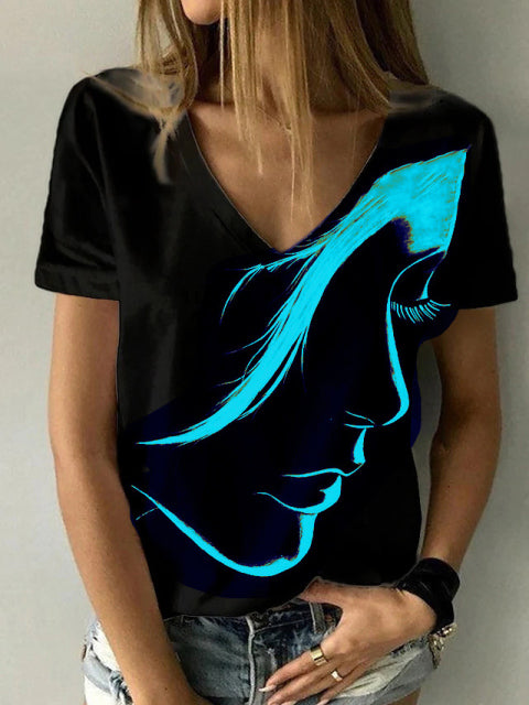 Plus Size Abstract V- Neck T Shirt