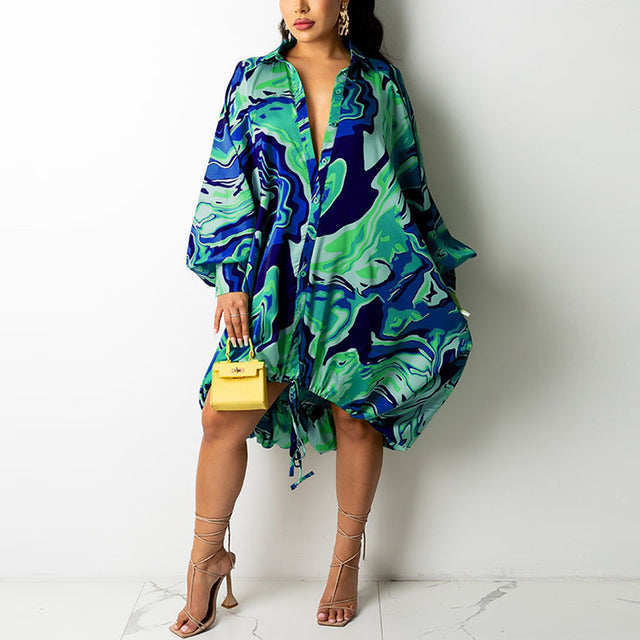 Women Long Sleeve Tie-Dye Printed Shirt Dress