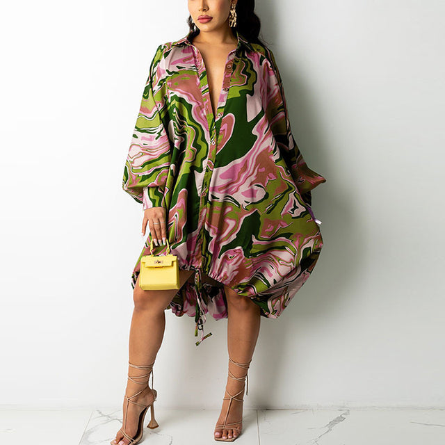 Women Long Sleeve Tie-Dye Printed Shirt Dress