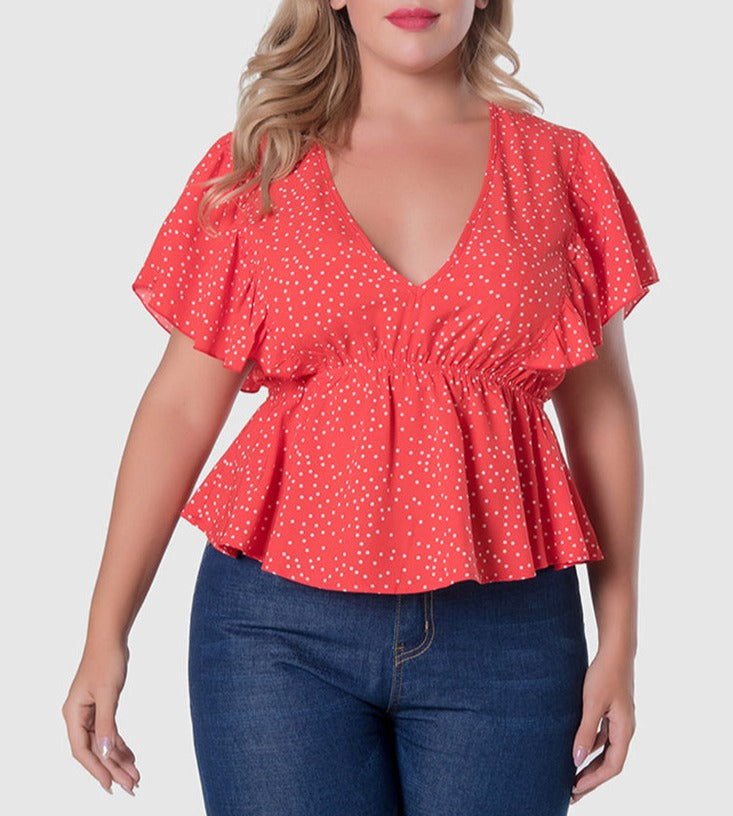 Red Polka Dot Ruffled Short Sleeve Blouse