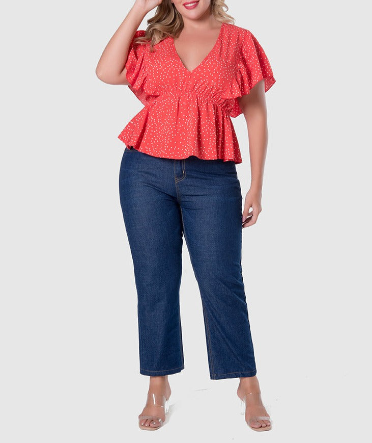 Red Polka Dot Ruffled Short Sleeve Blouse