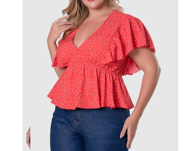 Red Polka Dot Ruffled Short Sleeve Blouse