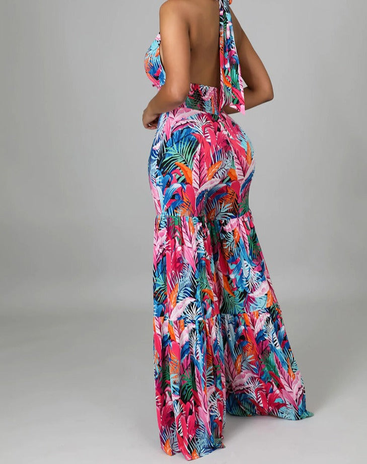 Ladies Adjustable Strap Wide Leg Floral Jumpsuit