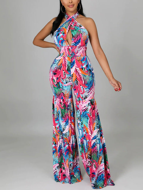 Ladies Adjustable Strap Wide Leg Floral Jumpsuit